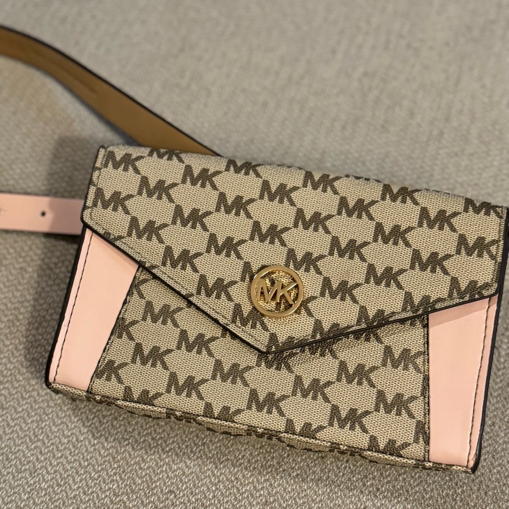 Michael Kors beige/pink MK logo belt bag